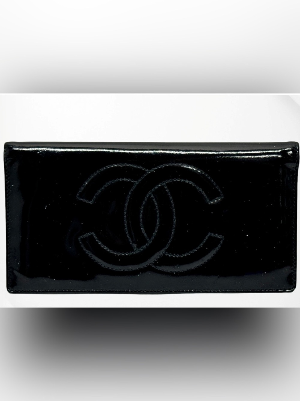 CHANEL Black Patent Leather Long Wallet or check book holder with CC Stitch Logo - Picture 1 of 3